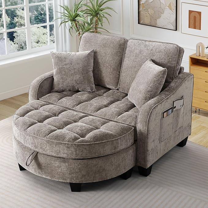Oversized Chair and A Half Chenille Tufting Accent Cozy Reading Sofa Chair with Storage Ottoman Upholstered Loveseat Chaise Lounge Sofa with Adjustable Back for Living Room Office Sunroom Brown