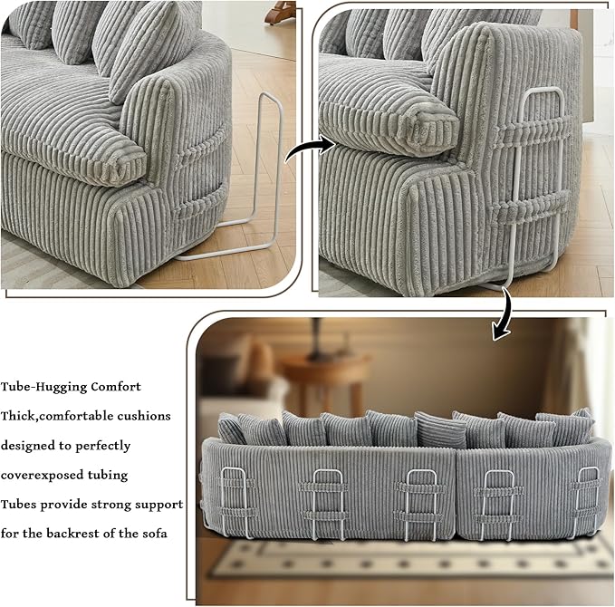 129'' Modern Sectional Sofa4-5 Seater Upholstered Couches with 10 CushionsHigh Density Sponges Cloud Couch L-Shape Left SofaCorduroy Sponge Sofa for Living RoomNo Assembly Required(Gray)