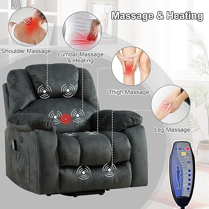 Bonzy Home Power Lift Recliner Chair with Massage and Heating Lift Chairs Recliner for Elderly Upholstered Comfy Power Lift Chair with 2 Hidden Cup Holders Side Pockets USB PortDark Grey