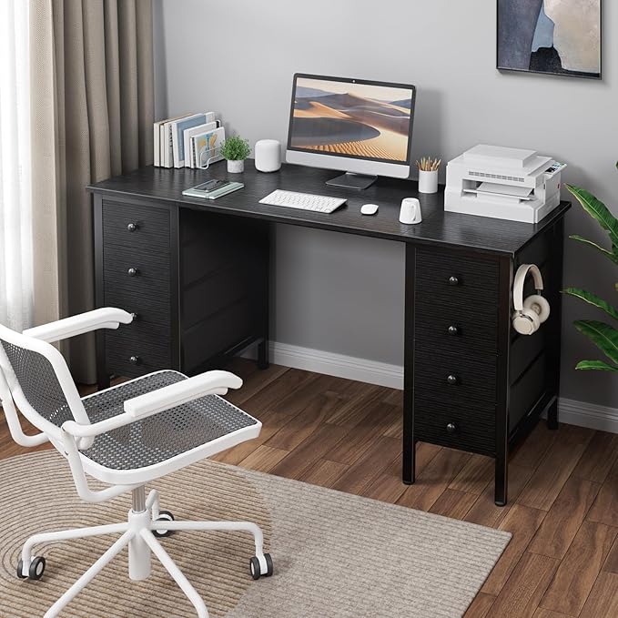 DLisiting Black Gaming Desk with Fabric Drawers on Both Sides 55 Inch Home Office Computer Study Writing Work PC Desk with 8 Storage Drawers Storage for Bedroom
