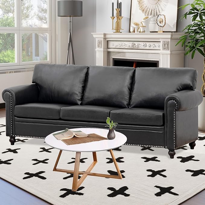 84'' Black Faux Leather 3-Seater Office Couch with Rivet Rolled Arms Modern Mid-Century Sofa for Living Room Apartment and Office. Easy Assembly (Black PU One Sofa)