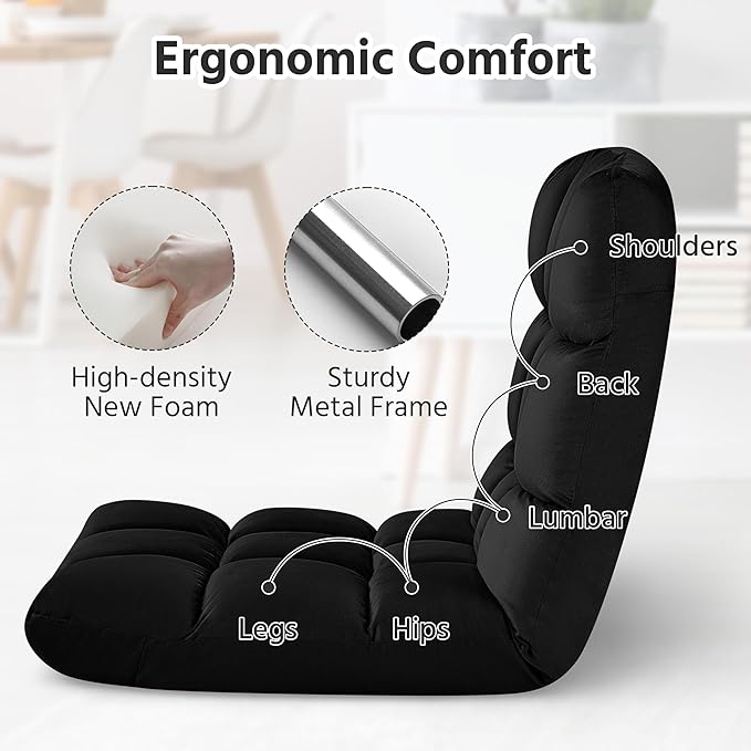 Yaheetech Floor Chair Meditation Chair with Back Support Gaming Floor Lounger with 14 Adjustable Position for Adult Black 2pcs