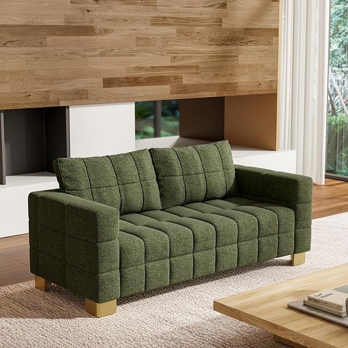 81.89 Sofa Comfy 3 Seat Sofa Tufted Chenille Upholstered Sofa Couch for Living Room with Gold Metal Legs and 2 Throw Pillows (Green（3+3）)