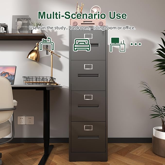 4 Drawer File Cabinet with Lock Metal Vertical File Cabinet Office Home A4 Legal/Letter Size Narrow File Cabinet LockedAssembly RequiredBlack