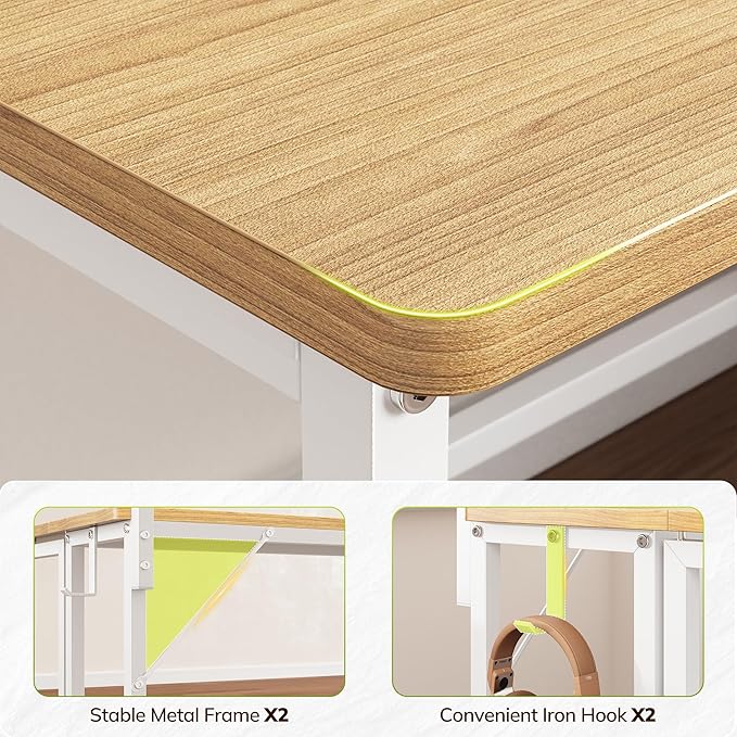 Folding Desk for Small SpaceFoldable Computer Desk with Monitor Stand31.5 Inch Small Desk with LED Lights for Bedroom Home OfficeWriting Work Office Computer Desk with HooksOak