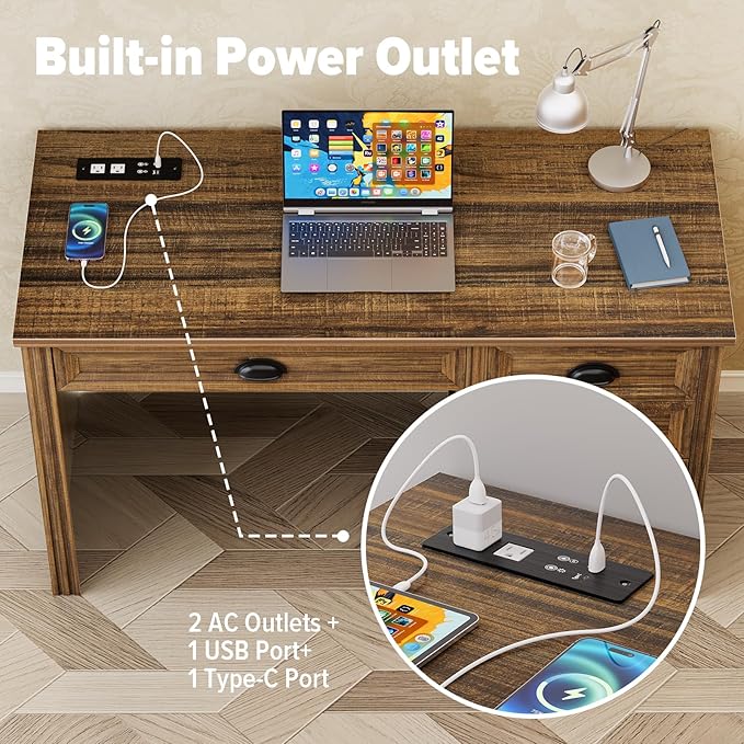 Computer Desk with Monitor Stand 47 in Farmhouse Home Office Desk with LED Lights Power Outlets Executive Desk with Storage for Working Gaming Study Writing Table for Bedroom Walnut