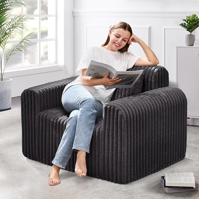 Hobestluk Single Sofa Foam Couch Sofa for Small Spaces Comfy Sofas with Removable Cover Furry Couch with Pillows for Living Room Bedroom Apartment Office (Dark Grey Standard)