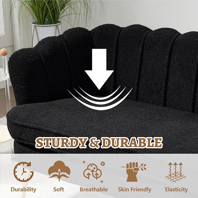 59 Small Loveseat Sofa 2-Seater Modern Chenille Couch with Gold Metal Legs &amp Floral Backrest Compact Apartment Sofa for Living Room Bedroom Office Dorm (Boucle Black)