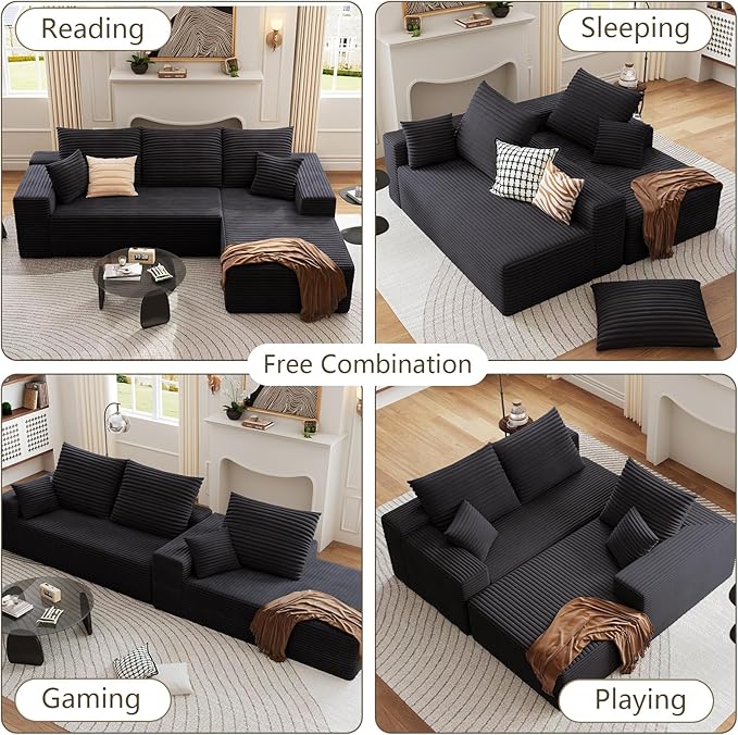 107 Cloud Sectional Couch with L-Shape Chaise Modern Modular Sofa with Deep Seat Corduroy Upholstered Couches for Living Room BedroomNo Assembly Required(Black Right Facing)