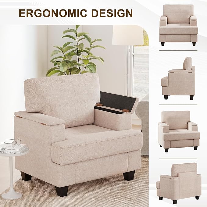 Furniliving Modern Oversized Accent Sofa Chair Comfortable Living Room Lounge Armchair with Storage Armrest Upholstered Reading Gaming Chair for Apartment Living Room Bedroom Beige