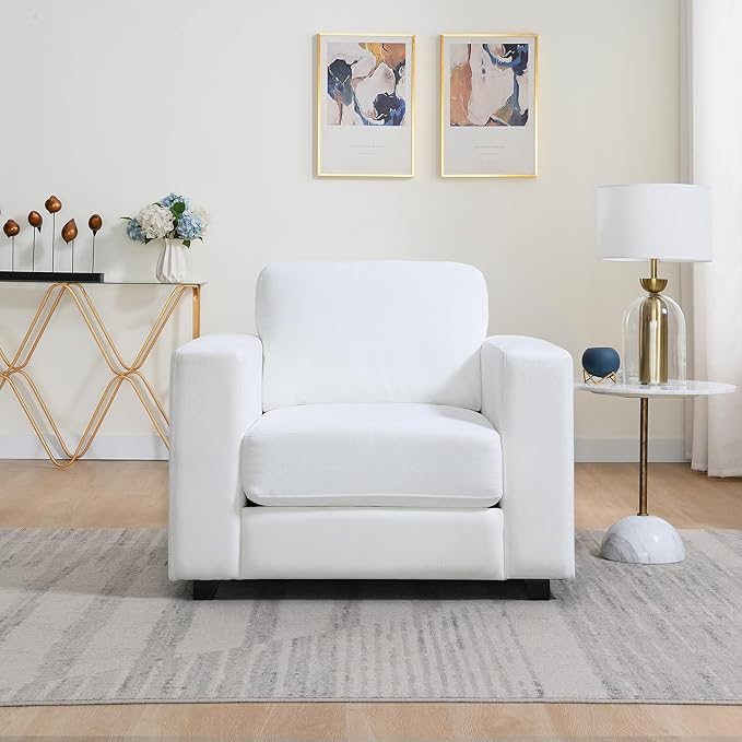 39 Oversized Accent Chair Chenille Fabric Upholstered Armchair Comfy with 350lb Weight Capacity &amp 7-inch Thick Seat – The Perfect Reading Chair for Living Room Bedroom Office(A-White)