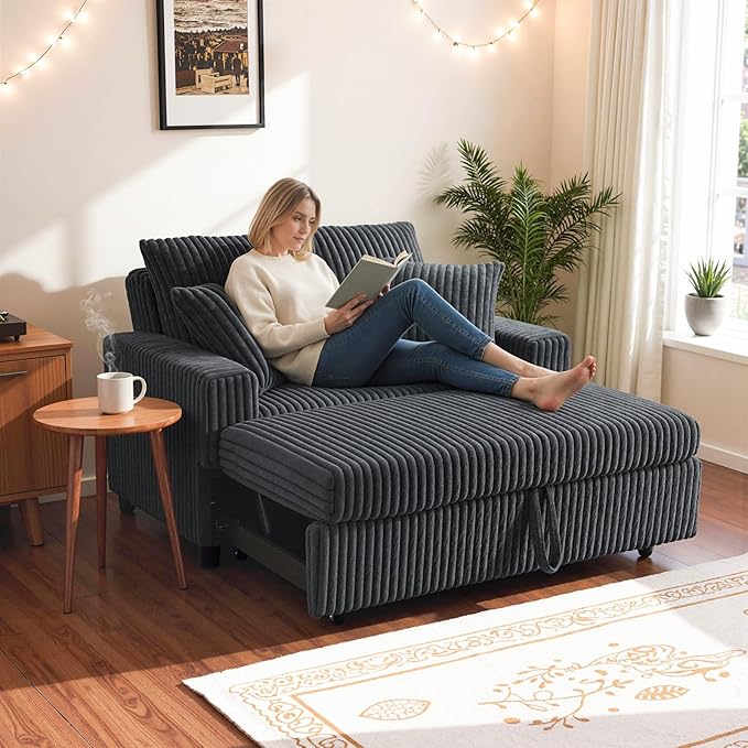 3 in 1 Convertible Sofa Bed52.8 Pull Out Couch with 2 Pillows and Side PocketsModern Corduroy Fabric Sleeper Loveseat with Adjustable Backrest for Living Room Bedroom Apartment (Gray Corduroy)