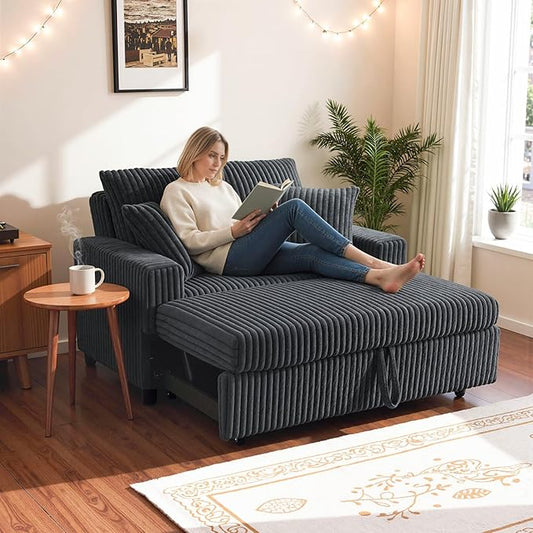 3 in 1 Convertible Sofa Bed52.8 Pull Out Couch with 2 Pillows and Side PocketsModern Corduroy Fabric Sleeper Loveseat with Adjustable Backrest for Living Room Bedroom Apartment (Gray Corduroy)