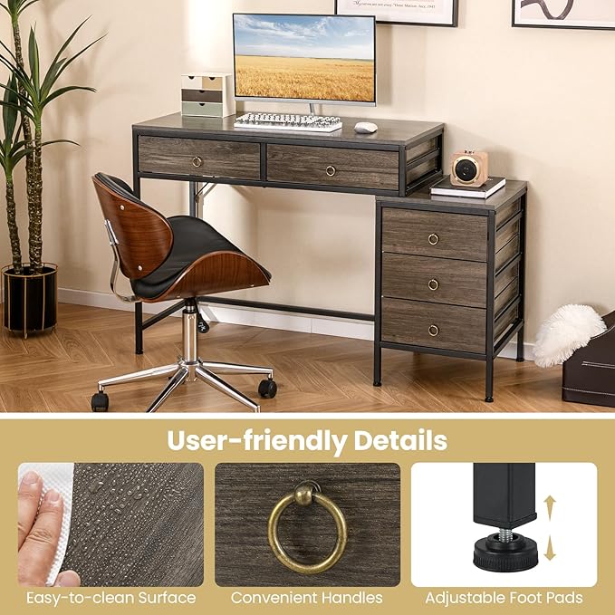 Tangkula Computer Desk with 5 Drawers 51 Home Office Desk with Printer Stand Metal Frame Study Writing Table Industrial Computer Workstation PC Desk for Bedroom Office Small Spaces (Grey)