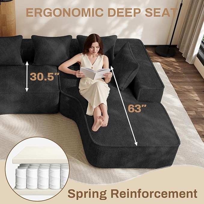 134'' Cloud Couch Modular Sectional Sofa Comfy L Shaped Couches for Living Room Fluffy Chenille 5 Seater Boneless Couch with Oversized Chaise &amp Deep Seat No Assembly Required(Black)