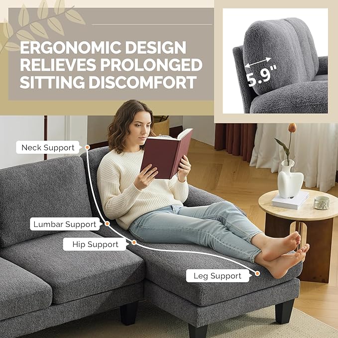 VINGLI 110' U-Shaped Sectional Couch with Two Chaise Affordable Small Sofa with 4 Seats Chenille Fabric Comfy Couches for Living Room Dark Grey