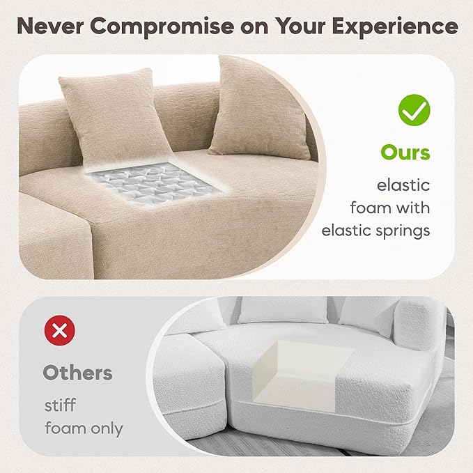 Yoglad 110‘’ Boneless Curved Sofa Modern Cloud 4-Seater Floor Couch Minimalist Compression Sofa for Living Room Apartment Studio Office No Assembly Needed(Chenille Beige Pink)