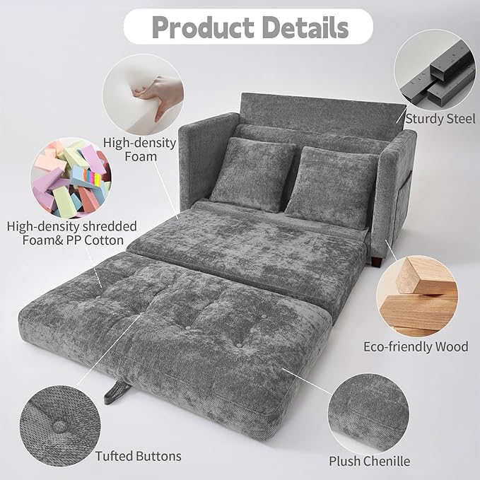 2-in-1 Convertible Loveseat Sofa Bed - Folding Pull-Out with Deep Seat 2 Pillows &amp Solid Steel Frame Loveseat Sleeper Sofa Bed for Small Spaces Apartment Living Room &amp Guest Room (Gray Che