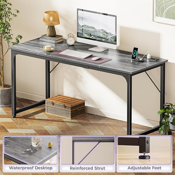 PRAISUN 63 X 24 Inch Office Computer Desk with Power Outlets and USB-C Port Larger and Longer Gaming Desk for Home Office Study Writing Work from Home Table Metal Frame Grey