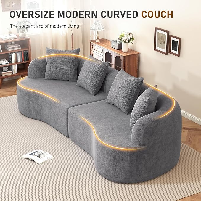 Furnimart 112 Curved Couches for Living Room Modern Chenille 4-Seater Sectional Sofa Deep Seat with 4 Throw Pillows Plush Modular Couch No Assembly Needed Dark Grey