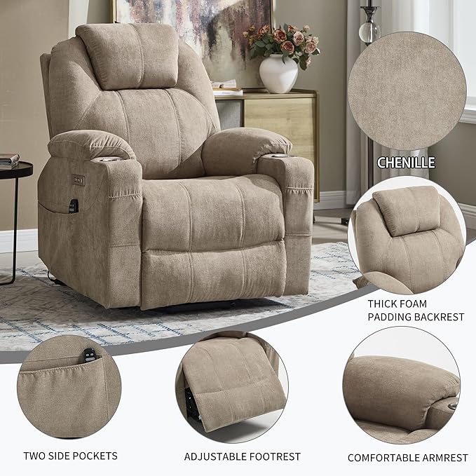 Chenille Electric Power Lift Recliner Chair Massage Single Sofa with Vibration Massage and Lumbar Heating Ergonomic Lounge Couch with Cup Holders and USB Charge Port for Living Room (Khaki)