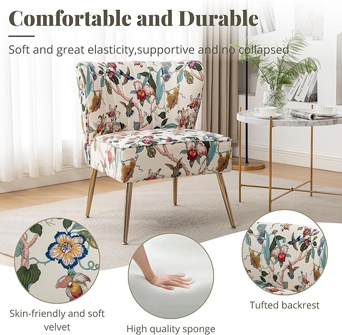 Armless Accent Chairs Set of 2 with Gold Metal Legs Modern Comfy Tufted Living Room Chair Velvet Upholstered Floral Side Chair Mid Century Slipper Chair for Bedroom Flower Print Beige
