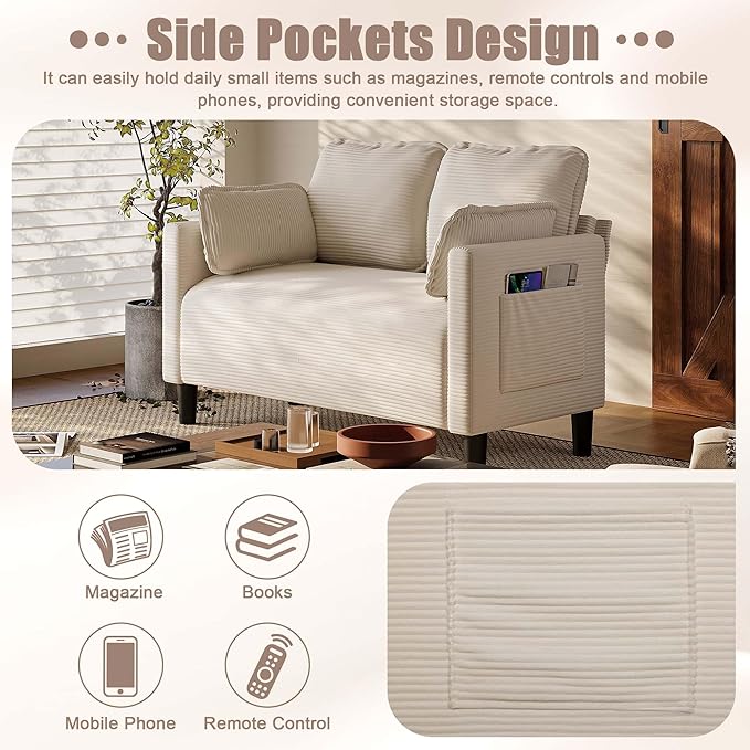 Beige Loveseats for Small Spaces 48 Inch Corduroy Couch with Side Pocket Modern 2 Seater Sofa Couch for Small Apartment Bedroom &amp Home Office High Rebound Sponge Easy Assembly (Beige 48”) |