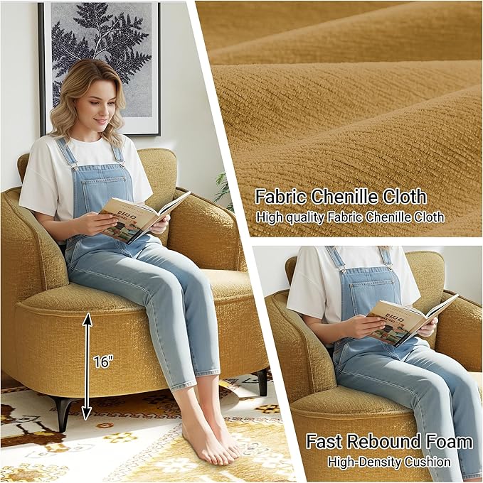 36 Lounge Chair with Metal Leg Accent Chair with Plush Chenille Upholstery Ergonomic Back &amp Boneless Comfort for Living Room Bedroom Office No-Assembly Gold