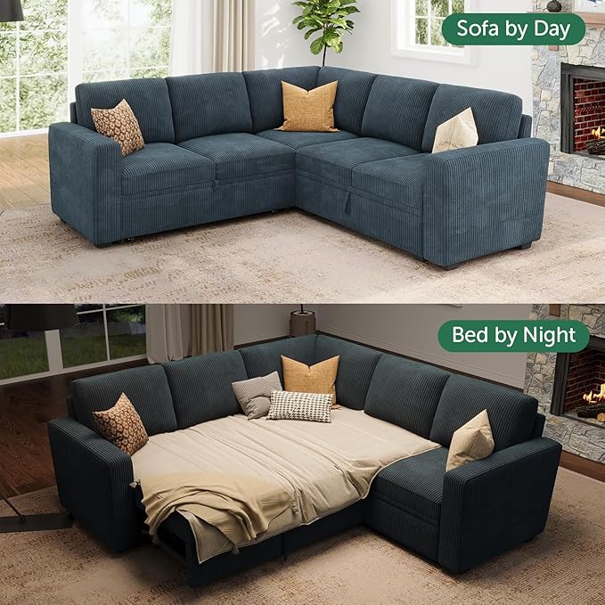 HONBAY Modular Sectional Sleeper Couch with Pull Out Bed Corduroy L Shaped Sofa with Storage Convertible Sectional Couches for Living Room Blue