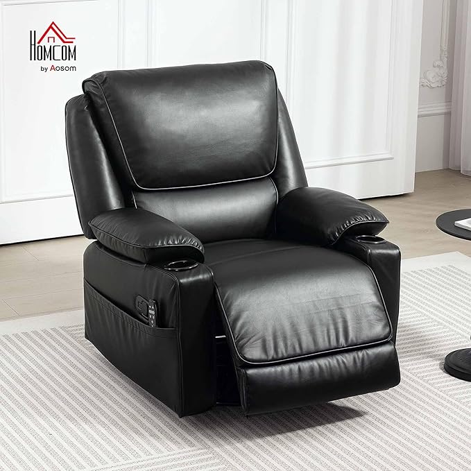 HOMCOM Swivel Rocker Recliner Chair with Vibration Massage and Heat Oversized Ergonomic Lounge Chair with PU Leather Remote Footrest Cup Holders and Side Pockets for Living Room Black