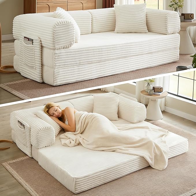 Boneless Couch Folding Couches for Living Room Sofa Futon Sofa Bed with Sleeper Sofa Futon Couch with Fixed-Shape Oversized Corduroy Upholstered (White 81 Inches)