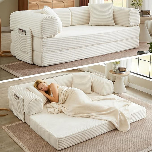 Boneless Couch Folding Couches for Living Room Sofa Futon Sofa Bed with Sleeper Sofa Futon Couch with Fixed-Shape Oversized Corduroy Upholstered (White 81 Inches)