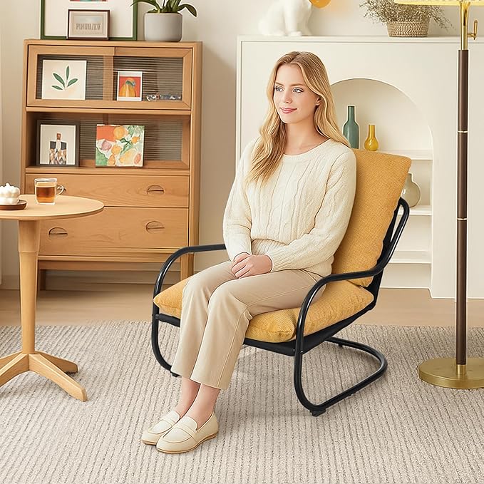 Peace nest Modern Accent Chair Comfy Living Room Suspended Chair Bedroom Armchair with Mental Frame Comfortable Upholstered Cushion for Balcony Lounge Reading Meeting Room Yellow
