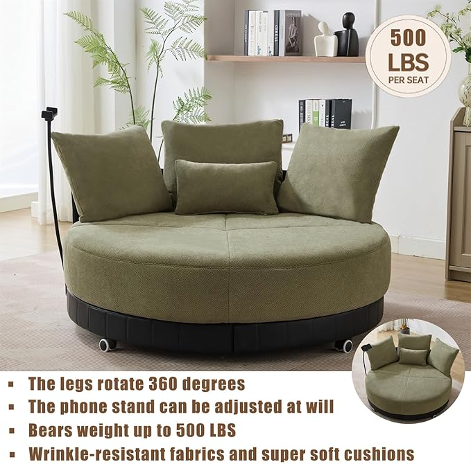 Polibi 52.75 Round Swivel Barrel Chair with Phone Holder and 360°Rotating Pulley Polyester Upholstered Chaise Lounge Oversize Single Sofa Chair for Living Room Bedroom Green