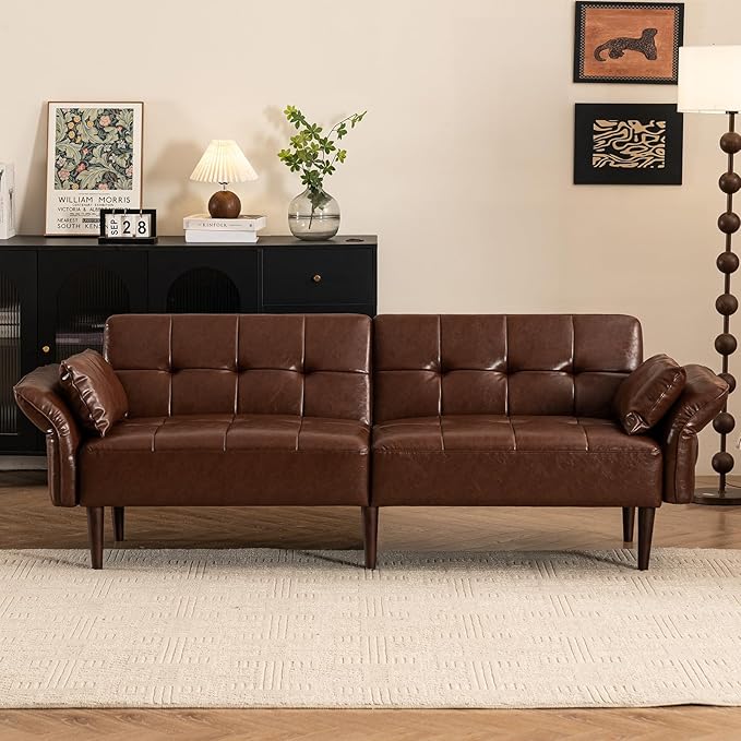 Futon Sofa Bed Sleeper Sofa Small Couch with Storage Adjustable Armrests Pillows Faux Leather Loveseat Mid Century Modern Couches for Living Room Bedroom Apartment Red Brown