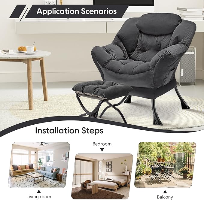 Lazy Chair with Folding Ottoman Modern Large Accent ChairContemporary Lounge Leisure Sofa Chair with Armrests Upholstered Sofa Armchair Reading Chair for BedroomDorm &amp Office (Dark Grey-f)