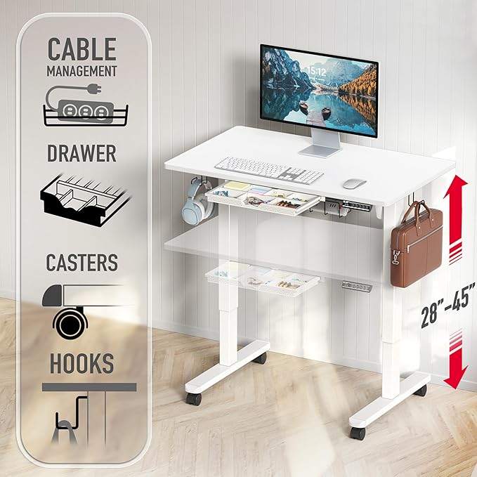 SHW 40-Inch Mobile Electric Height Adjustable Sit to Stand Desk with Drawer Hanging Hooks and Cable Management White