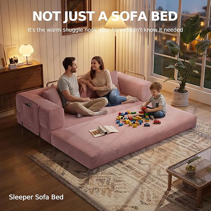 MoonSpeak 78.8''Sleeper Couch Bed for LivingroomConvertible Modular Sofa with Armrest PillowModular Foldable Corduroy Couches in a BoxNo Assembly (Pink)