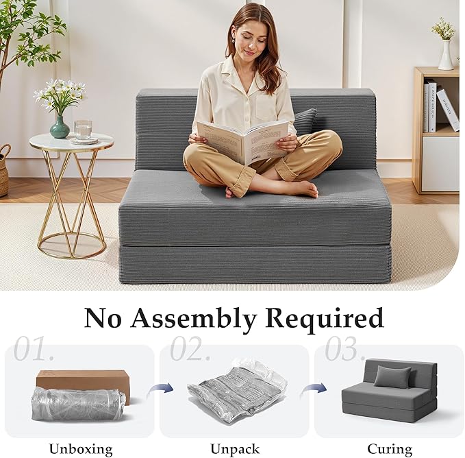 Youzi Folding Sofa Bed Convertible Sleeper Chair with Pillow 4-in-1 Foldable Mattress Futon Couch Bed to Lounge Chair for Living Room Bedroom Dorm &amp Guest Washable Cover Dark Gray Single