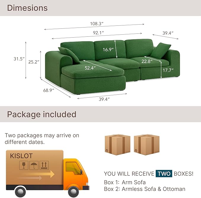 108 Boneless Cloud Couch Sectional No Assembly Required Modular Sofa with Deep Seat for Living Room L Shaped Couch with Ottoman Snowflake Fabric and Memory Sponge Moss Green