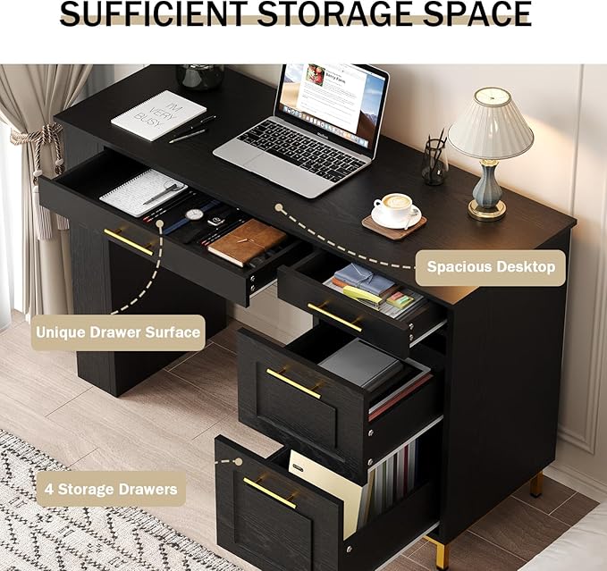 4 EVER WINNER Black Desk with Drawers and Power Outlet 48 Inch Computer Desk with Storage Shelves Writing Desk Study Table with Golden Handle for Small Space Black