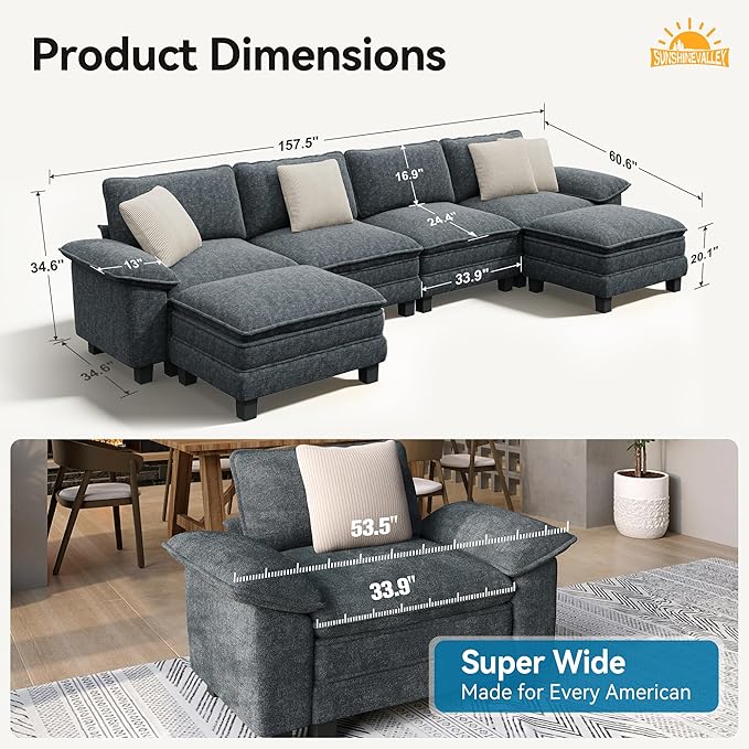 U Shaped Modular Cloud Couch 157.5'' Oversized Chenille Sectional Sofa with Wider Armrest and Ottoman Upholstered 6-Seat Modern Deep Seat for Bedroom Living Room Cyan