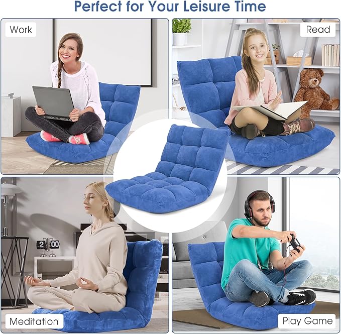 Giantex Floor Chair with Back Support 14 Adjustable Position Padded Sleeper Bed Couch Recliner Gaming Floor Chairs for Adults Meditation Gaming Chair Floor Blue