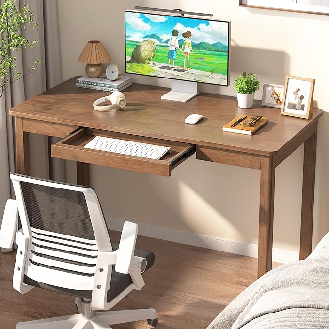 Solid Wood Desk with Keyboard Tray - 48 Inch Mid Century Modern Writing Desk Computer Desks with Keyboard Tray Simple Study Table Home Office Desks for Bedroom|Small Spaces-Walnut Color