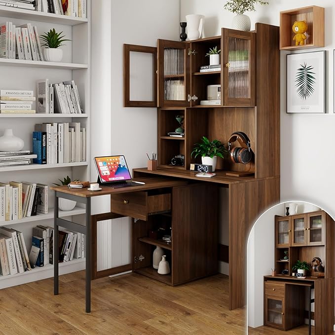KEIKI L Shaped Home Office Desks with 90° Rotating Retractable Desktop Glass Door Hutch Drawers Bookshelf &amp Storage Shelves Modern Gaming Computer Corner Table for Work Study Writing Walnu
