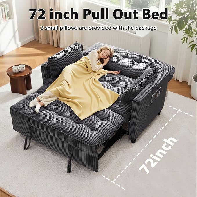 Sleeper Sofa Bed 55‘’ Convertible Pull Out Couch with Small Table| USB Port | Side Pockets | Corduroy Fabric | Adjustable Backrest for Apartment Office Bedroom Guest Room