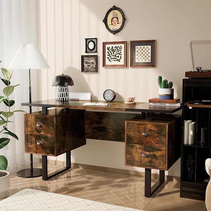 Large Office Desk Computer Table with 4 Drawers for Home Office 59 Study Writing Desk Workstation with Storage and Metal U Legs for Living Room Black and Rustic Brown Top CTSZ20401CM