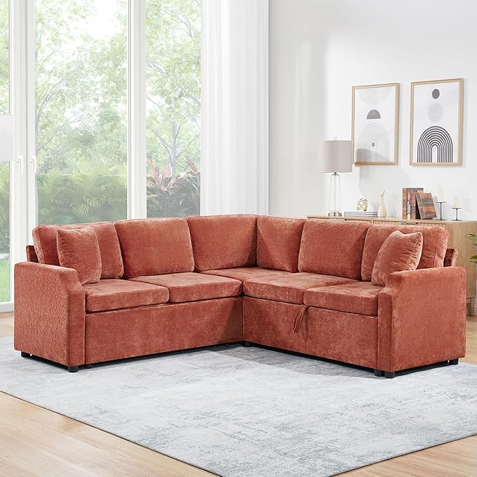 81.9 Sectional Sofa Bed L-Shaped Sectional with a Hidden Storage Compartment Versatile Pull-Out Sofa Bed with Cozy Throw Pillows for Living Room Apartments Offices (Orange-04e)