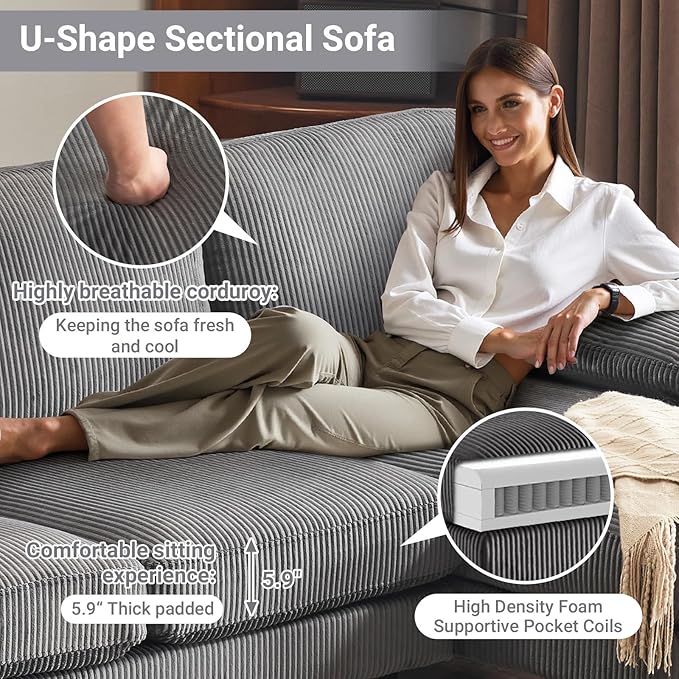 VINGLI 110 Sectional Couches for Living RoomU Shaped Couch with Double Chaise 4-Seat Sofa Set with Corduroy Fabric for Home FurnitureGrey