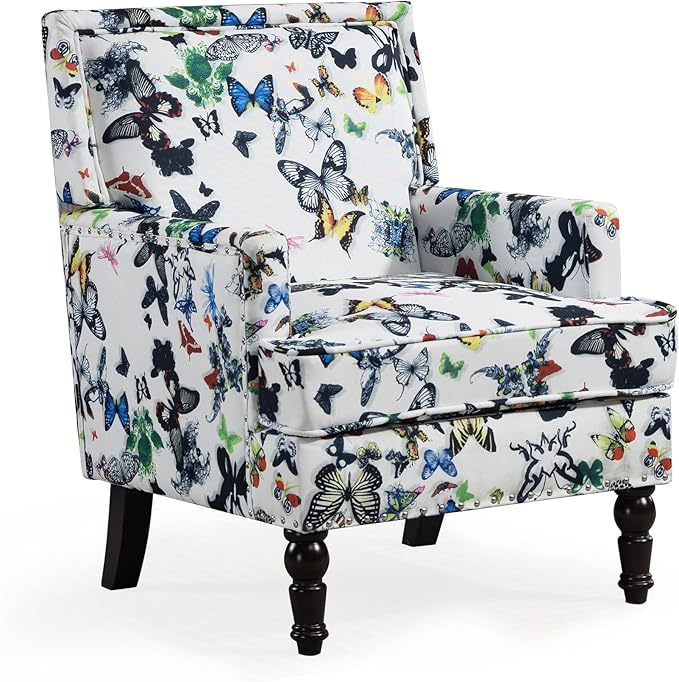 Accent Chair Modern Comfy Mid-Century Anthropologie Accent Chairs Linen Upholstered Wingback Lounge Arm Chair with Solid WoodSingle Floral Pattern Chair for Living Room/Balcony/Bedroom